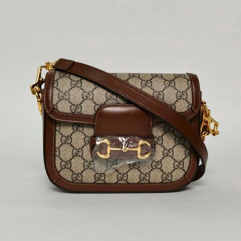 GUCCI Horsebit馬銜扣1955馬鞍包Mini20.5可拆卸雙肩帶烏木色帆布金扣肩背包