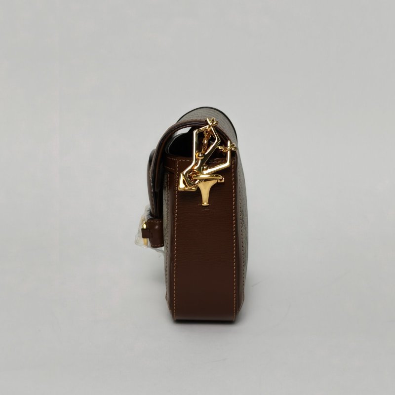 GUCCI Horsebit馬銜扣1955馬鞍包Mini20.5可拆卸雙肩帶烏木色帆布金扣肩背包-1