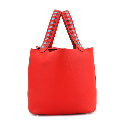 Hermes Hermès Picotin Lock MM Traces 手提包，Epson Rouge Cou Bleu du Nord，H、C 印章，銀色五金配件，