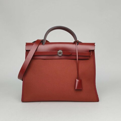 HERMES Herbag3155愛馬仕紅帆布/Hunter牛皮C刻銀扣肩背包