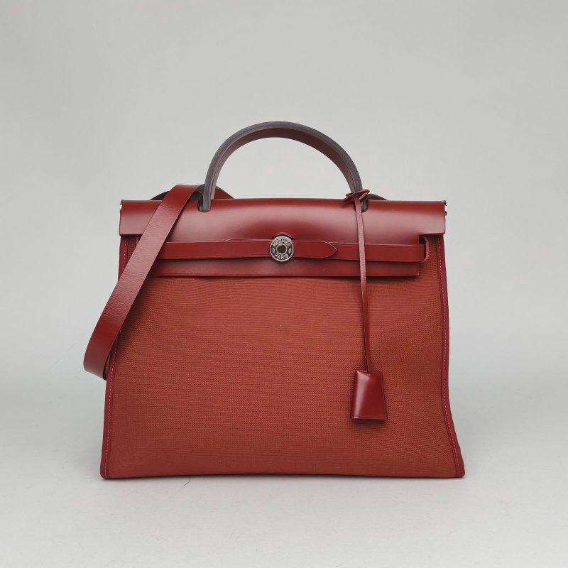HERMES Herbag3155愛馬仕紅帆布/Hunter牛皮C刻銀扣肩背包-0