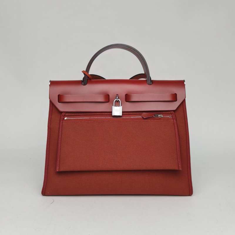 HERMES Herbag3155愛馬仕紅帆布/Hunter牛皮C刻銀扣肩背包-2