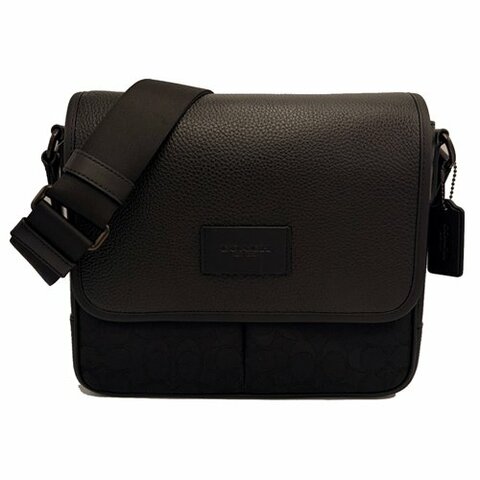 【全新】COACH C LOGO織布/牛皮男款掀蓋斜背郵差包(黑)