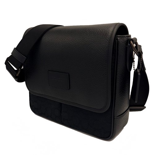 【全新】COACH C LOGO織布/牛皮男款掀蓋斜背郵差包(黑)-1