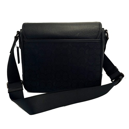 【全新】COACH C LOGO織布/牛皮男款掀蓋斜背郵差包(黑)-2