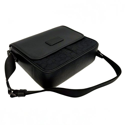 【全新】COACH C LOGO織布/牛皮男款掀蓋斜背郵差包(黑)-3