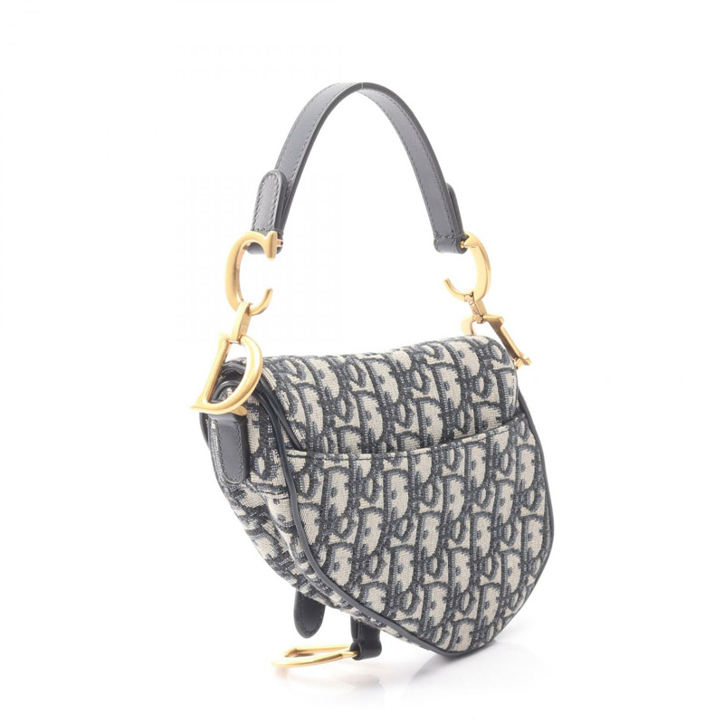 Christian Dior 迷你馬鞍形斜紋提花手提包，帆布皮革，米色/海軍藍-1