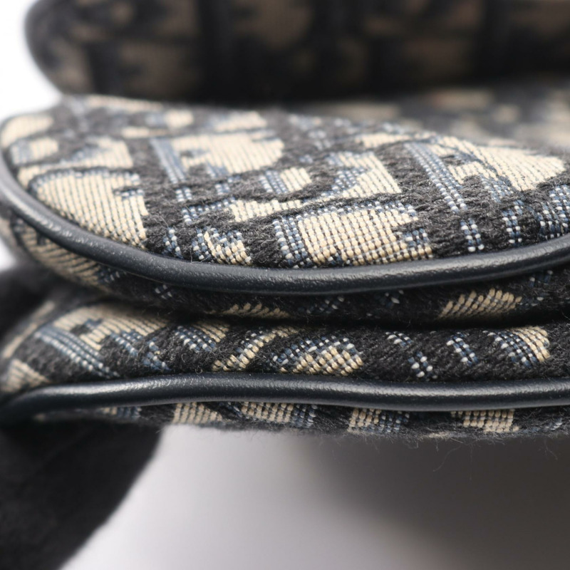 Christian Dior 迷你馬鞍形斜紋提花手提包，帆布皮革，米色/海軍藍-5