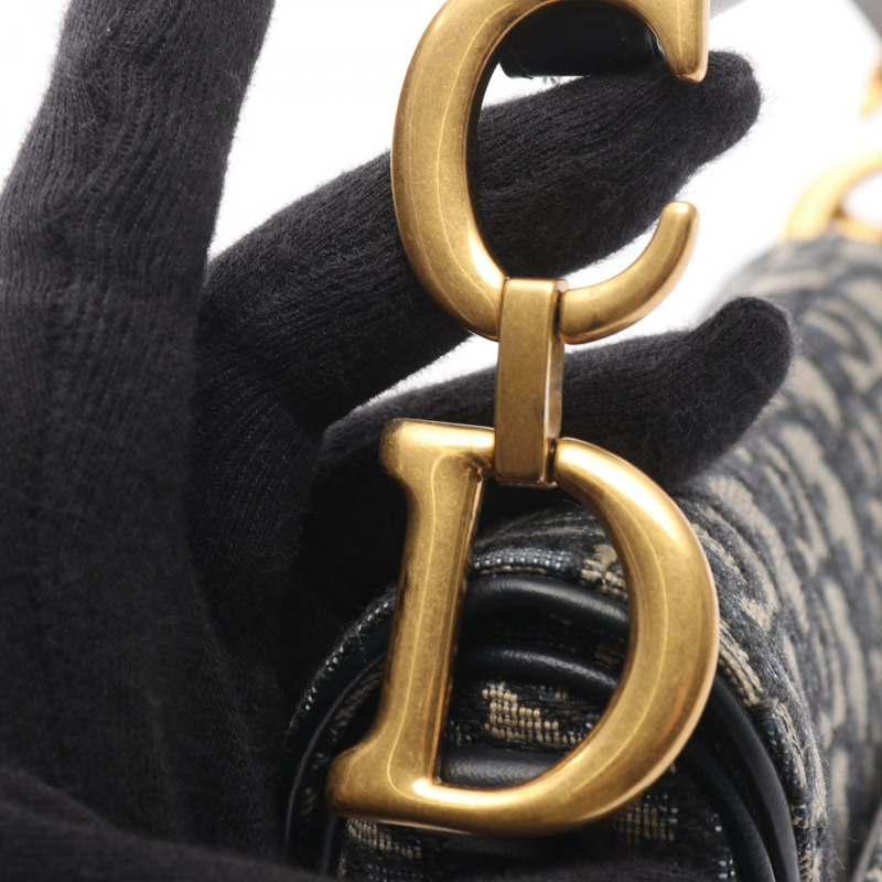 Christian Dior 迷你馬鞍形斜紋提花手提包，帆布皮革，米色/海軍藍-7