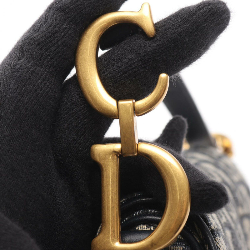 Christian Dior 迷你馬鞍形斜紋提花手提包，帆布皮革，米色/海軍藍-8