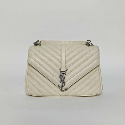SAINT LAURENT College郵差包中號24白色牛皮銀扣肩背包