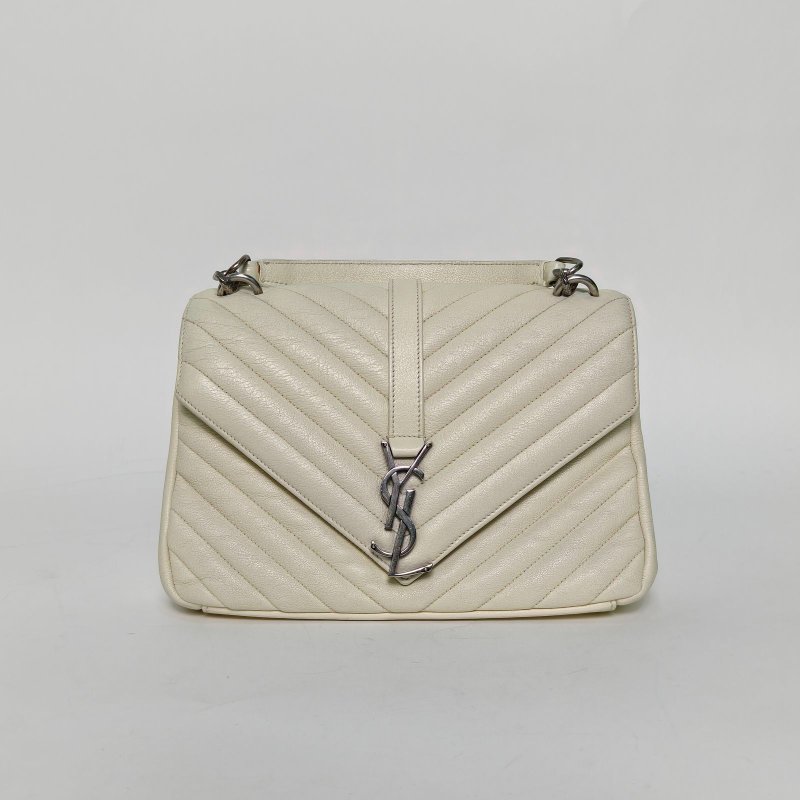 SAINT LAURENT College郵差包中號24白色牛皮銀扣肩背包-0