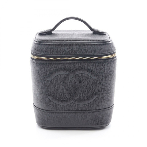 香奈兒 COCO 標誌垂直化妝包，小牛皮材質，金色五金，黑色，二手