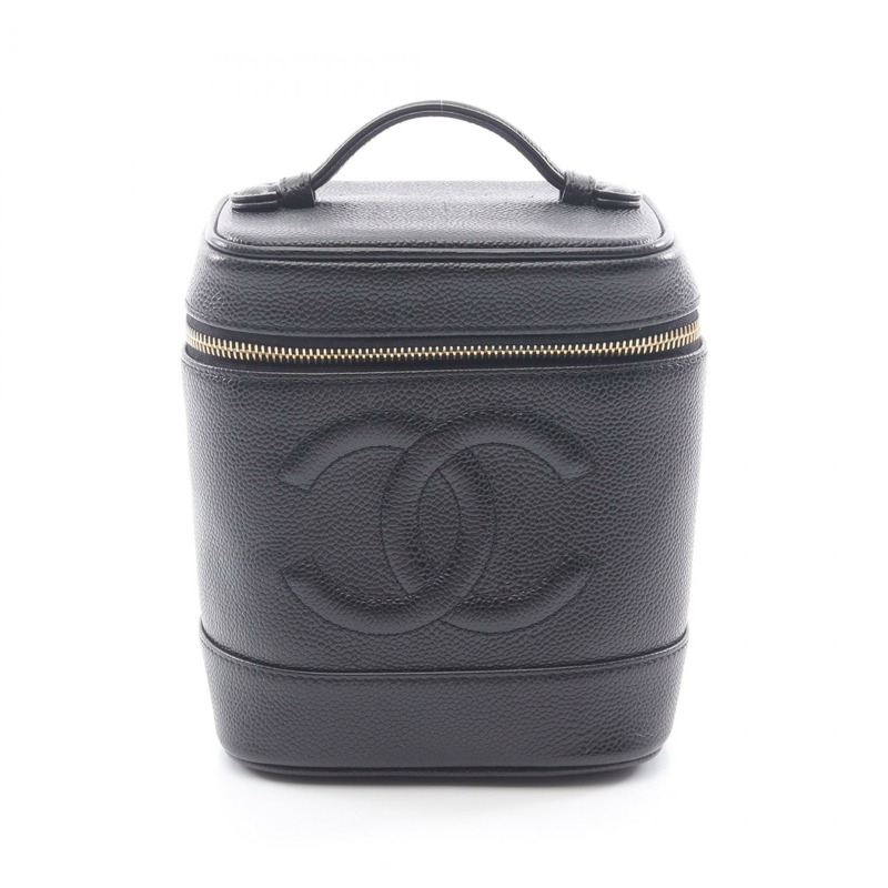 香奈兒 COCO 標誌垂直化妝包,小牛皮材質,金色五金,黑色,二手-0