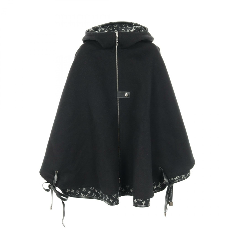 路易威登 Monogram 羊毛真絲連帽斗篷 黑色 #34 二手女款-0