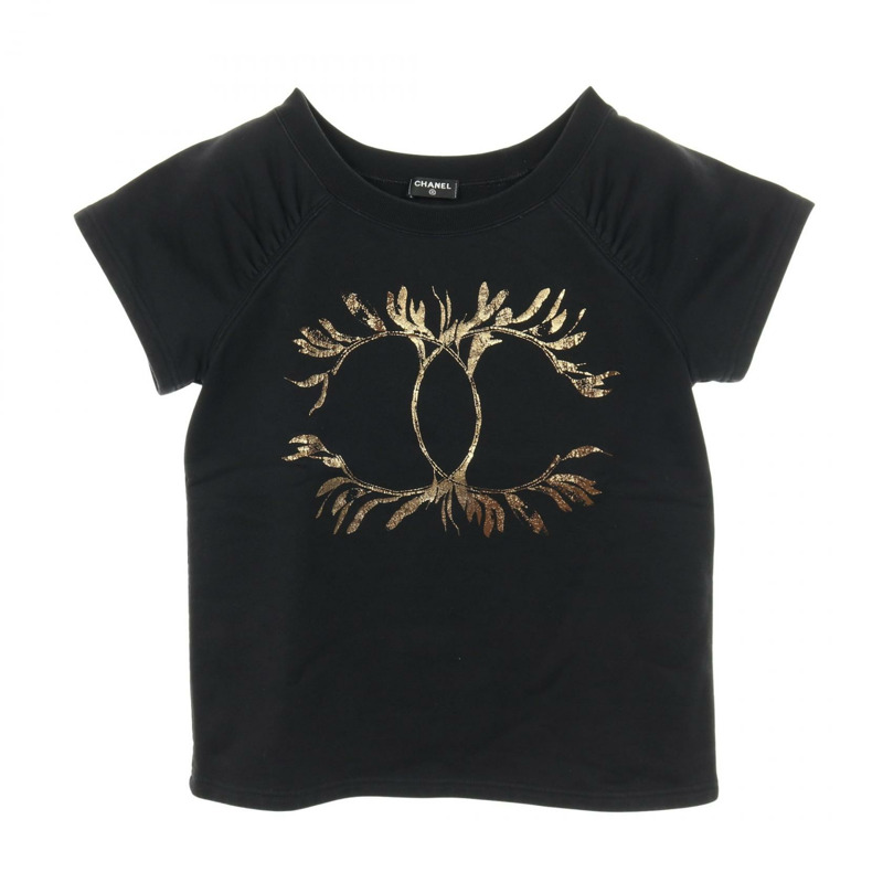 香奈兒 COCO 標誌 T 卹 XS 碼 P57840K07626 18C 棉 黑色 金色 二手 女款-0