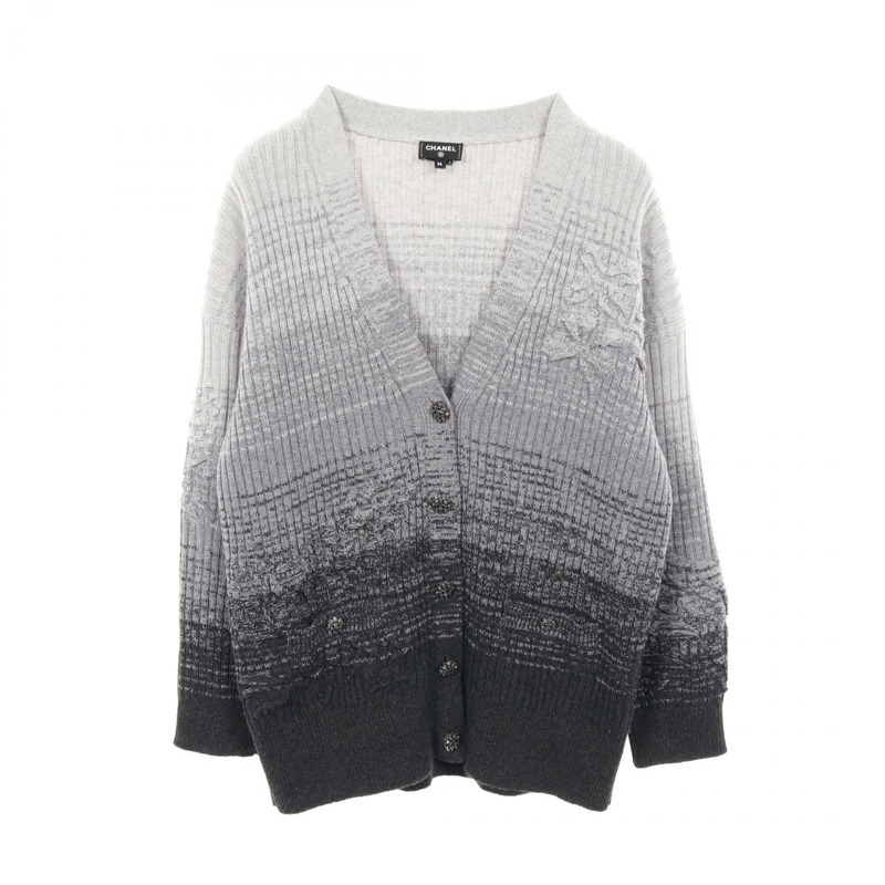 香奈兒 COCO 標誌紐扣開襟針織衫 #36 P73866K10591 羊絨灰色 二手-0