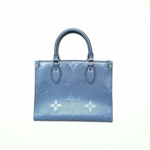 LOUIS VUITTON Onthego小號25藍色牛皮銀扣晶片老花壓紋肩背包