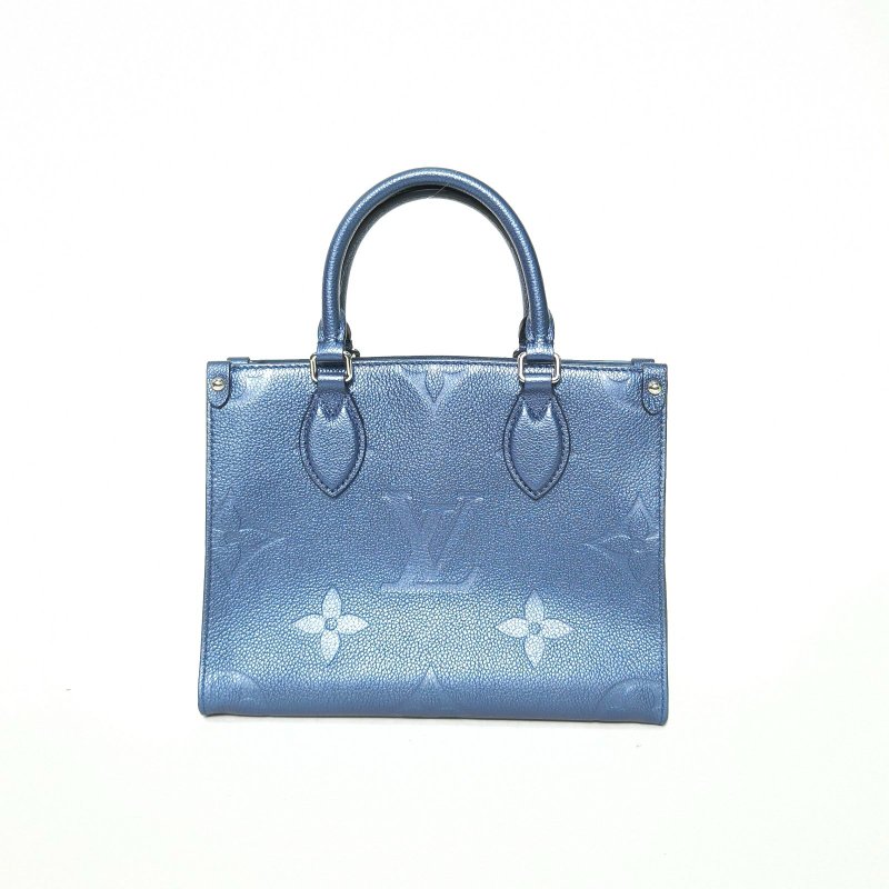 LOUIS VUITTON Onthego小號25藍色牛皮銀扣晶片老花壓紋肩背包-0