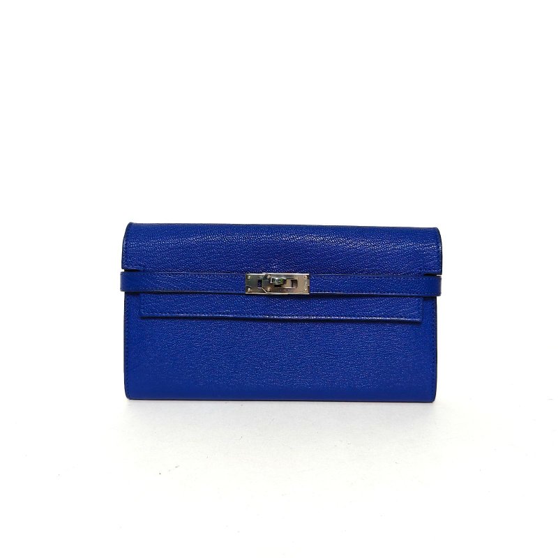 HERMES Kelly長款錢包7T電光藍Chevre山羊皮C刻銀扣肩背包-0