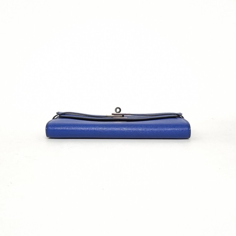 HERMES Kelly長款錢包7T電光藍Chevre山羊皮C刻銀扣肩背包-4