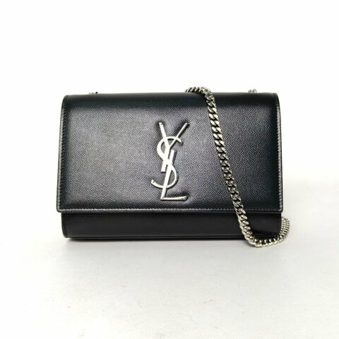 SAINT LAURENT KATE小號20荔枝皮黑色牛皮銀扣肩背包