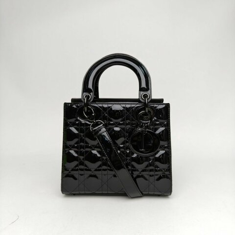 DIOR Lady戴妃包四格黑色漆皮黑扣2021肩背包