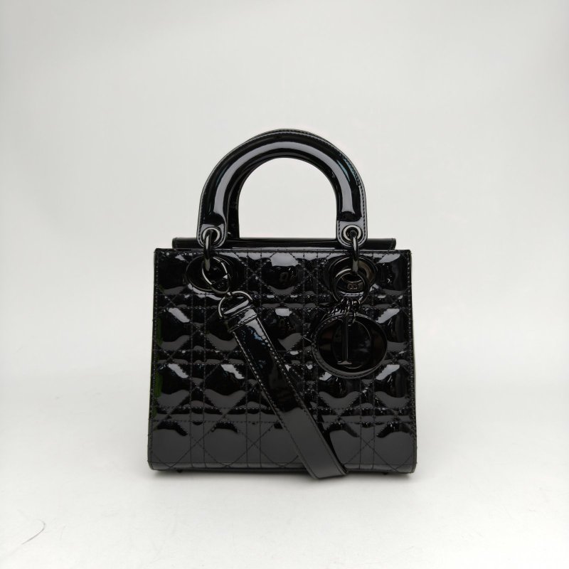 DIOR Lady戴妃包四格黑色漆皮黑扣2021肩背包-0