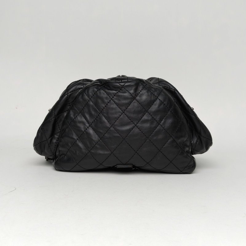 CHANEL 黑色牛皮17開銀扣中古Chanel青蛙雙肩包大號21*34肩背包-4