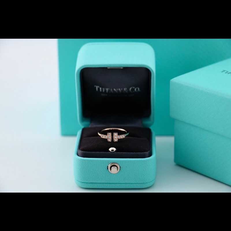 Tiffany 玫瑰金 雙t 滿鑽 戒指 窄版 48碼 美碼4 有盒子-0