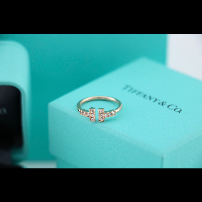 Tiffany 玫瑰金 雙t 滿鑽 戒指 窄版 48碼 美碼4 有盒子-2