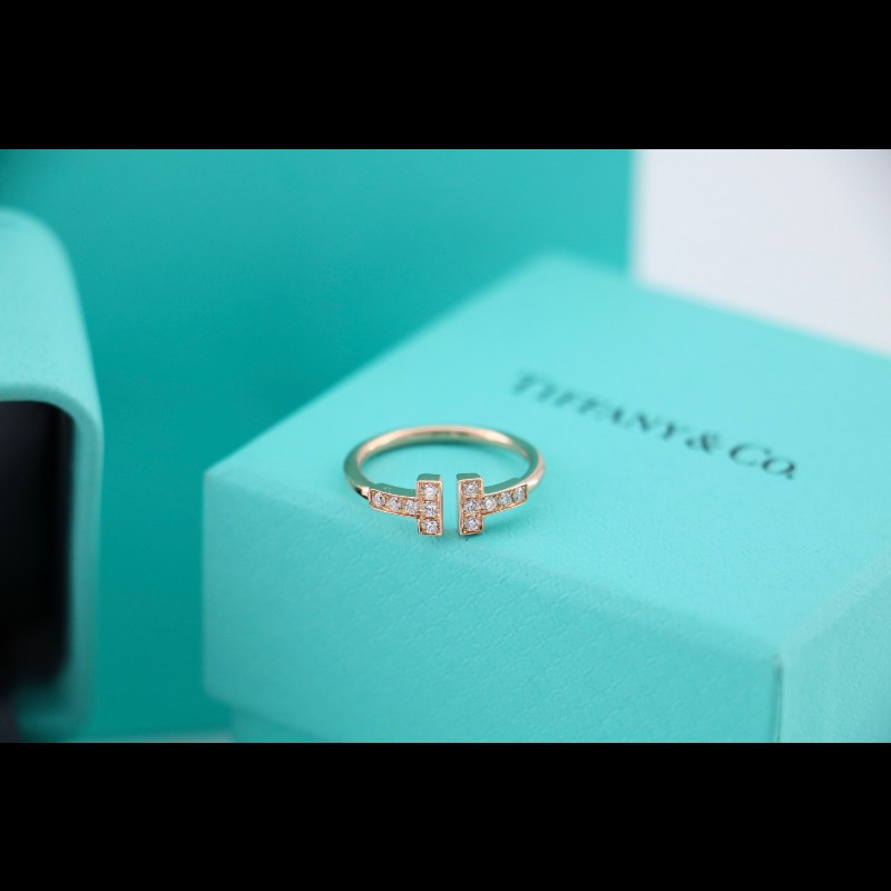 Tiffany 玫瑰金 雙t 滿鑽 戒指 窄版 48碼 美碼4 有盒子-3