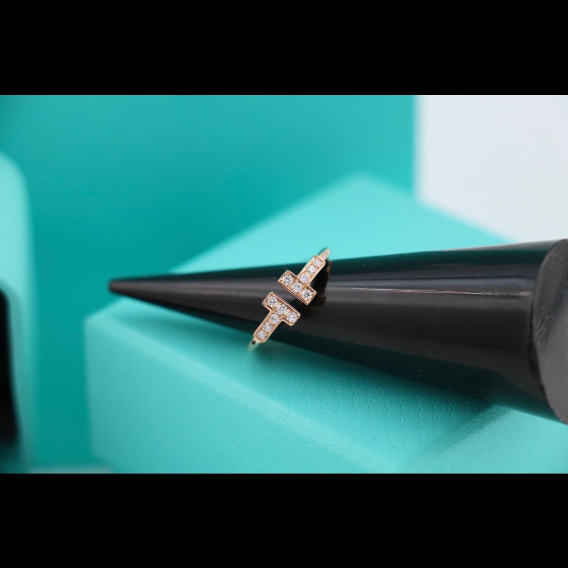 Tiffany 玫瑰金 雙t 滿鑽 戒指 窄版 48碼 美碼4 有盒子-4