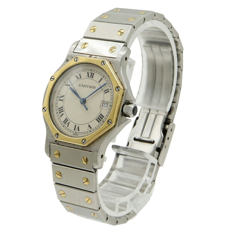 卡地亞 Santos 八角形象牙色錶盤黃金精鋼女石英腕錶 W2001583-2