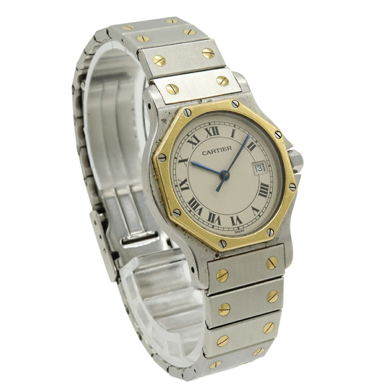 卡地亞 Santos 八角形象牙色錶盤黃金精鋼女石英腕錶 W2001583-3