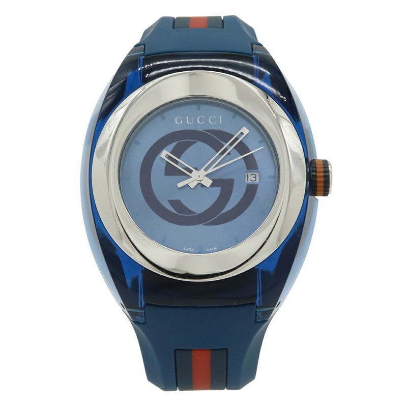 GUCCI Sync 男士石英腕錶，藍色錶盤，不鏽鋼橡膠錶殼，飾有互扣式 G 標誌，Shelley 款，137.1 毫米，YA137104A-1