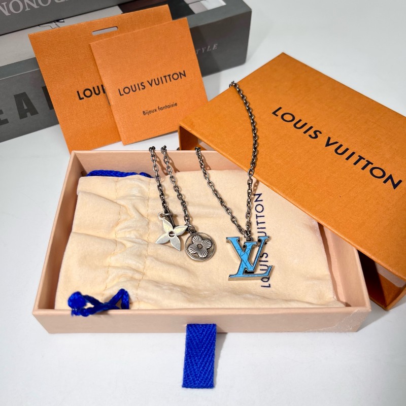 LV路易威登Turquoise藍色花卉字母吊墜 金屬項鏈 鏈長65cm 男女同款M68904-0