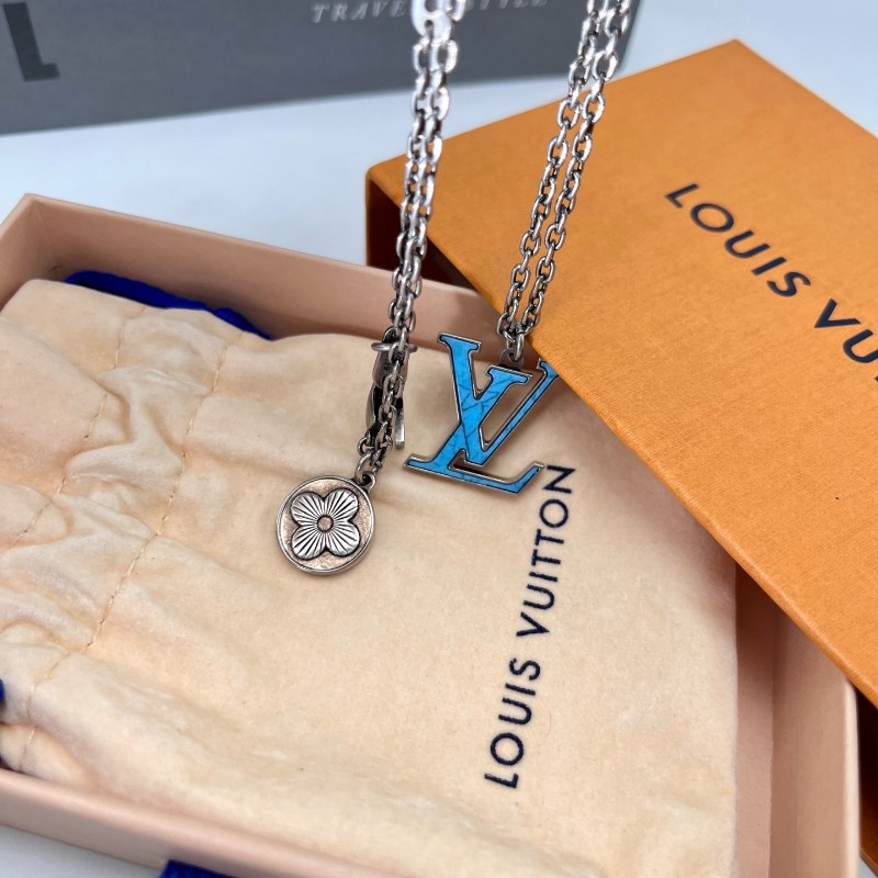 LV路易威登Turquoise藍色花卉字母吊墜 金屬項鏈 鏈長65cm 男女同款M68904-1