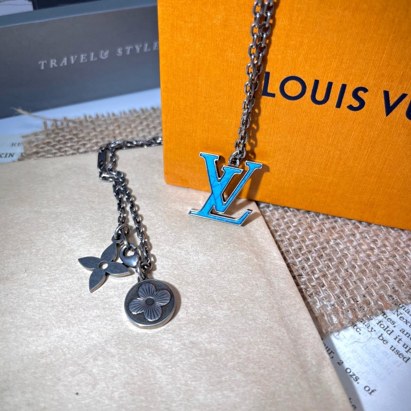 LV路易威登Turquoise藍色花卉字母吊墜 金屬項鏈 鏈長65cm 男女同款M68904-4