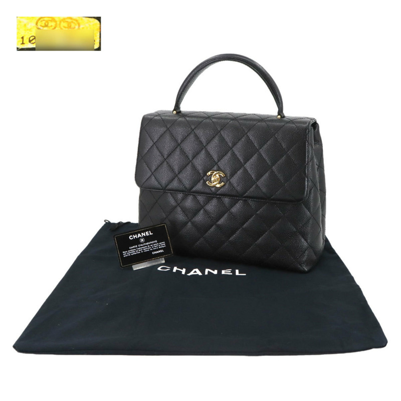 香奈兒黑魚子醬紋皮革Matelasse手提包，搭配金色五金配件（A12397）-1