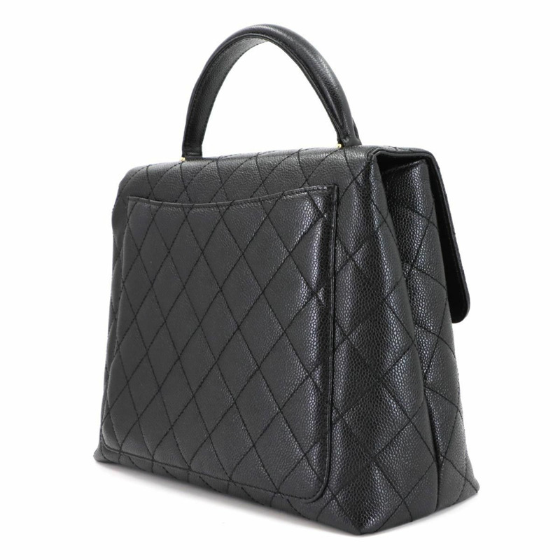 香奈兒黑魚子醬紋皮革Matelasse手提包，搭配金色五金配件（A12397）-3