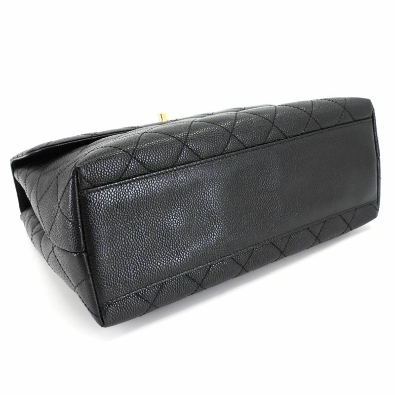 香奈兒黑魚子醬紋皮革Matelasse手提包，搭配金色五金配件（A12397）-4