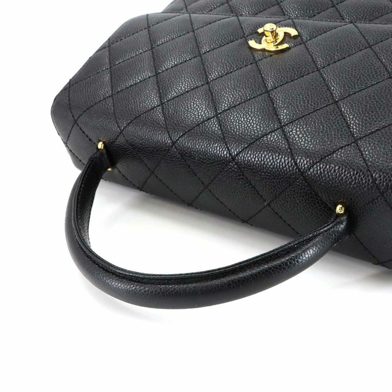 香奈兒黑魚子醬紋皮革Matelasse手提包，搭配金色五金配件（A12397）-5