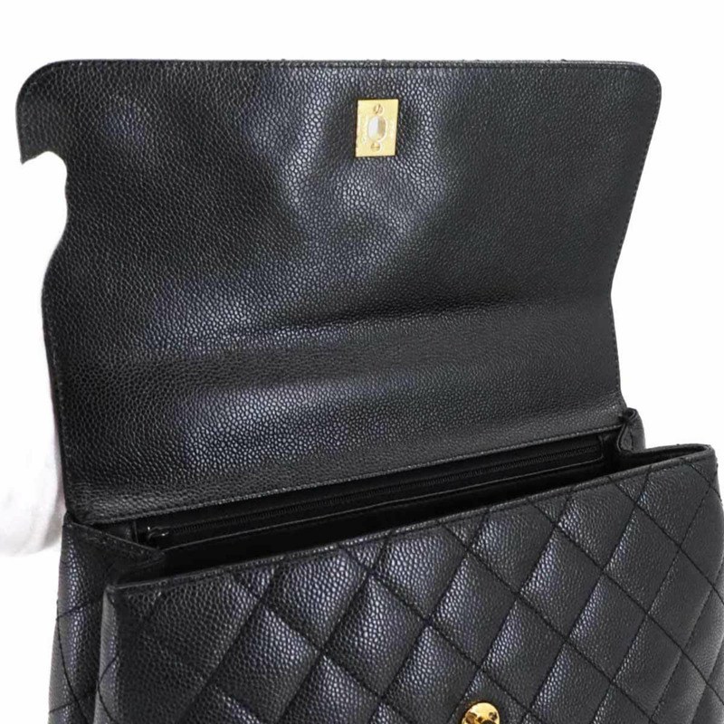 香奈兒黑魚子醬紋皮革Matelasse手提包，搭配金色五金配件（A12397）-6