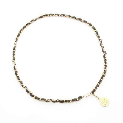 香奈兒 COCO 標誌鏈條腰帶 97cm 皮革鍍金黑色二手女士