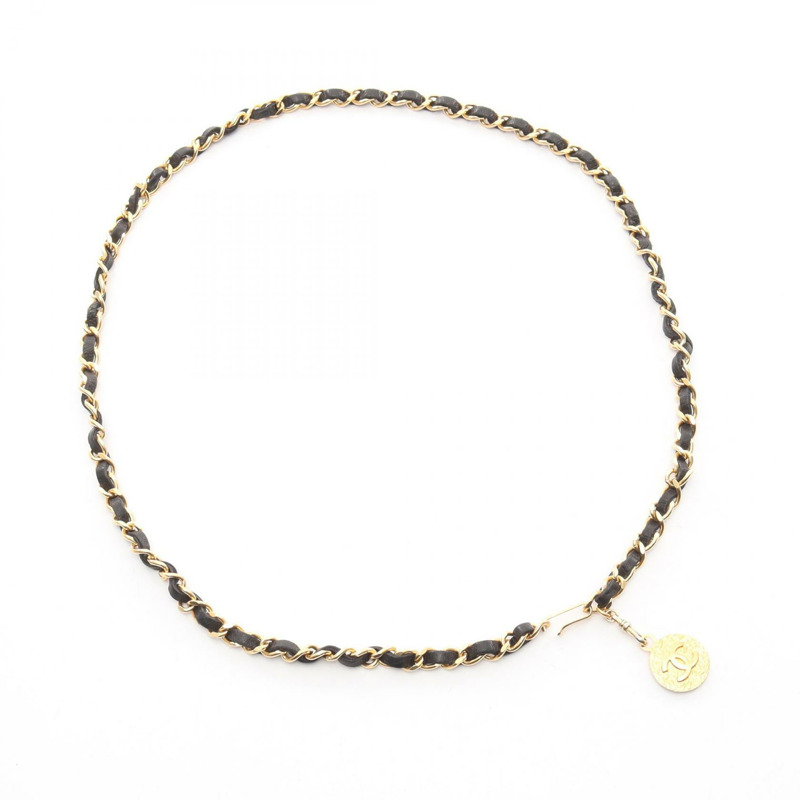 香奈兒 COCO 標誌鏈條腰帶 97cm 皮革鍍金黑色二手女士-0