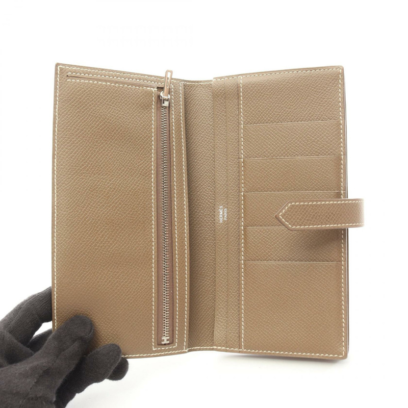 愛馬仕 Bearn Soufflet 雙折長款皮夾 X Epsom Etoupe 灰色二手 SHW-2