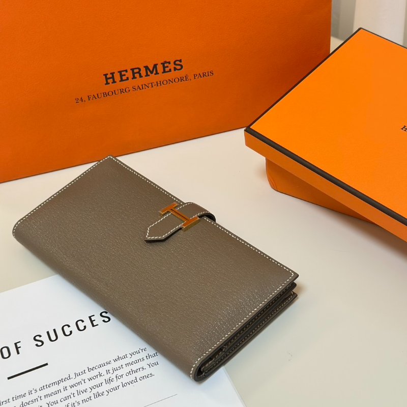 HERMES Bearn雙折長夾 - 灰金 U-6