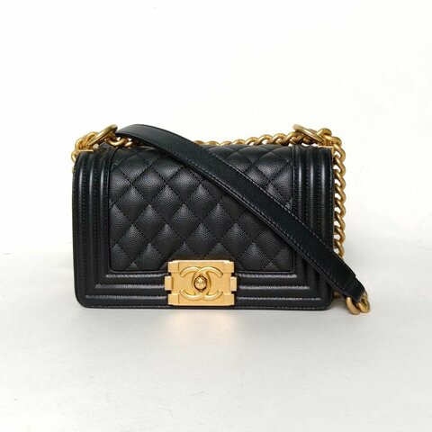 CHANEL Leboy小號20.5黑色荔枝牛皮晶片開金扣菱格紋肩背包