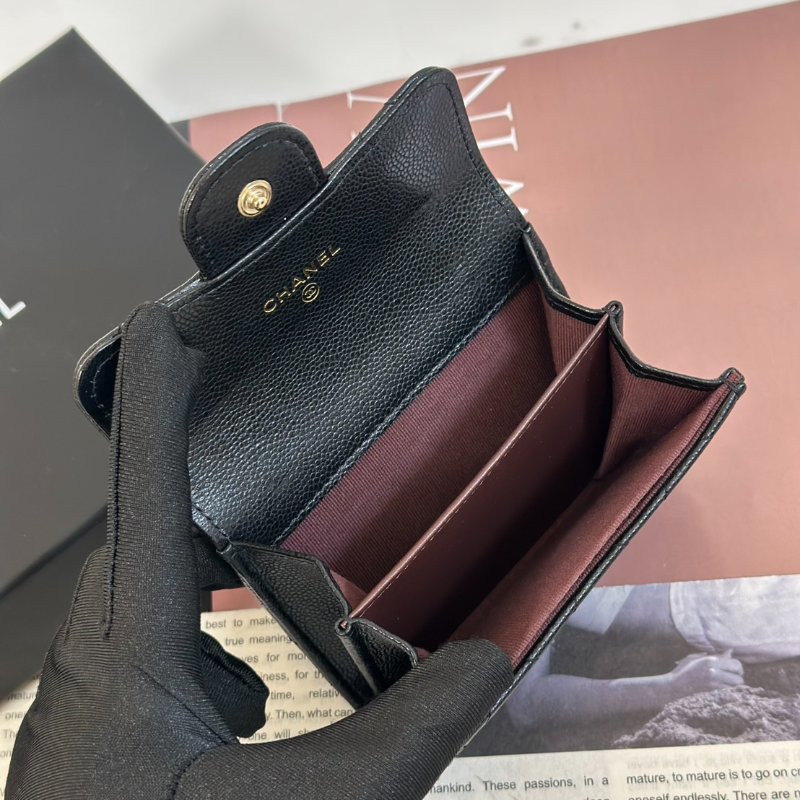 CHANEL 經典粒面牛皮雙層口蓋卡包 - 黑金-4